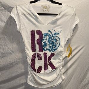 Apple Bottoms White Tee with Purple and Blue Rock Design